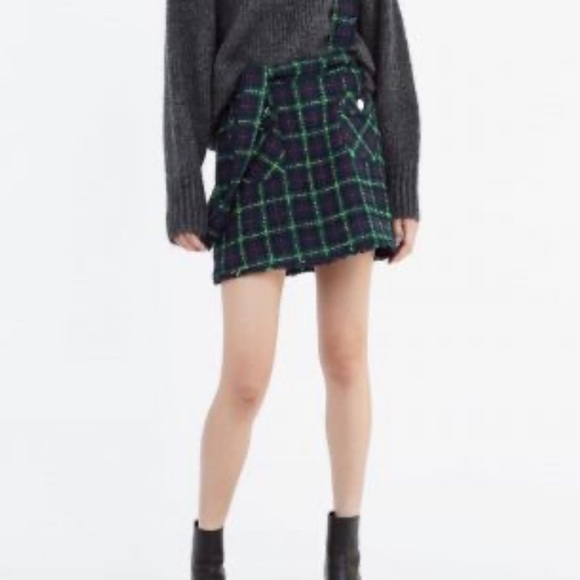 🎁Zara tweed green plaid strap skirt XS - Picture 3 of 8